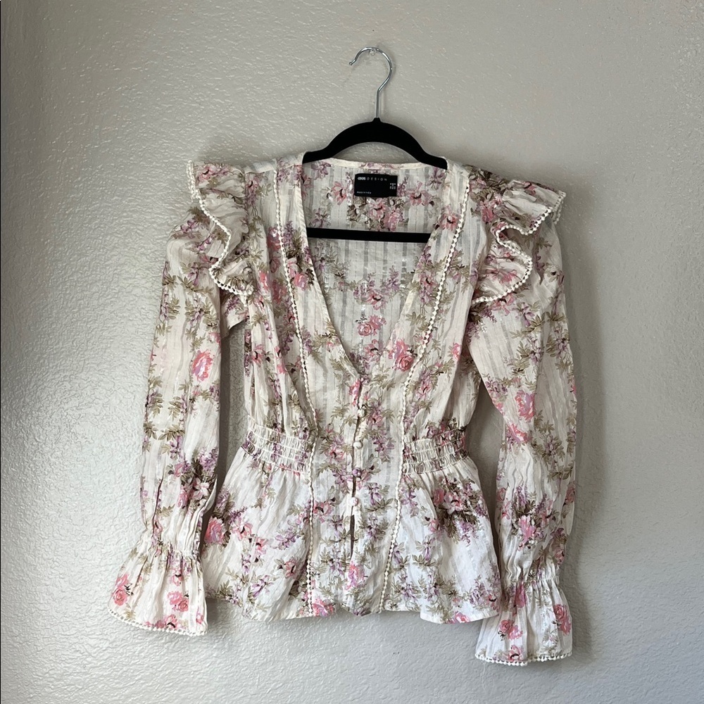 ASOS DESIGN Women’s Floral Ruffle Blouse Pink Cream Sz 2 Farmhouse Cottage Core